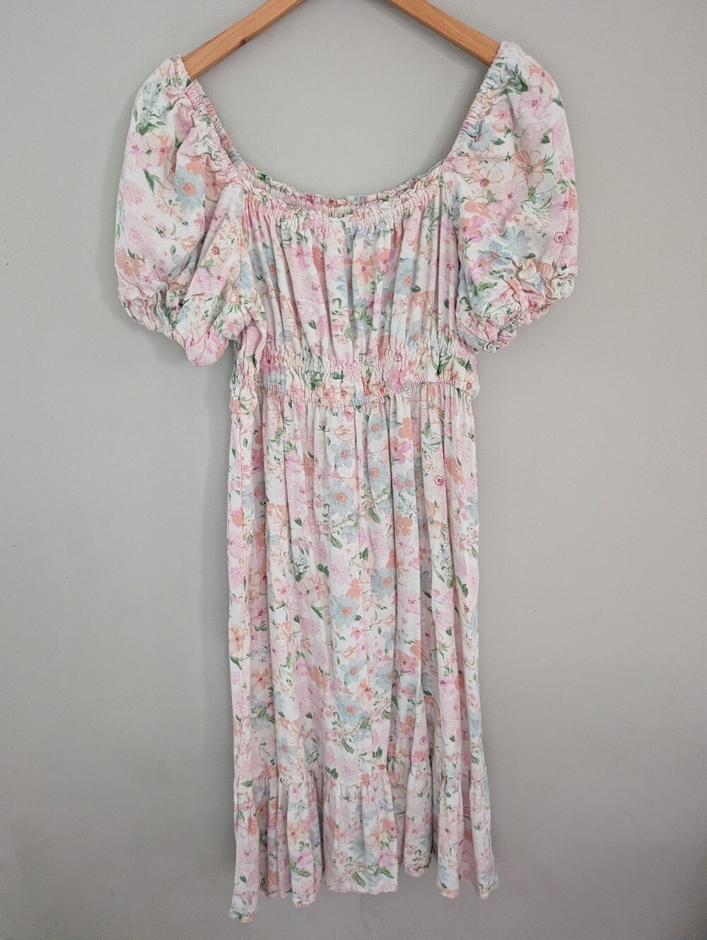 Dizzy Lizzy Pink Floral Smocked Cotton Midi Tiered Dress Size L